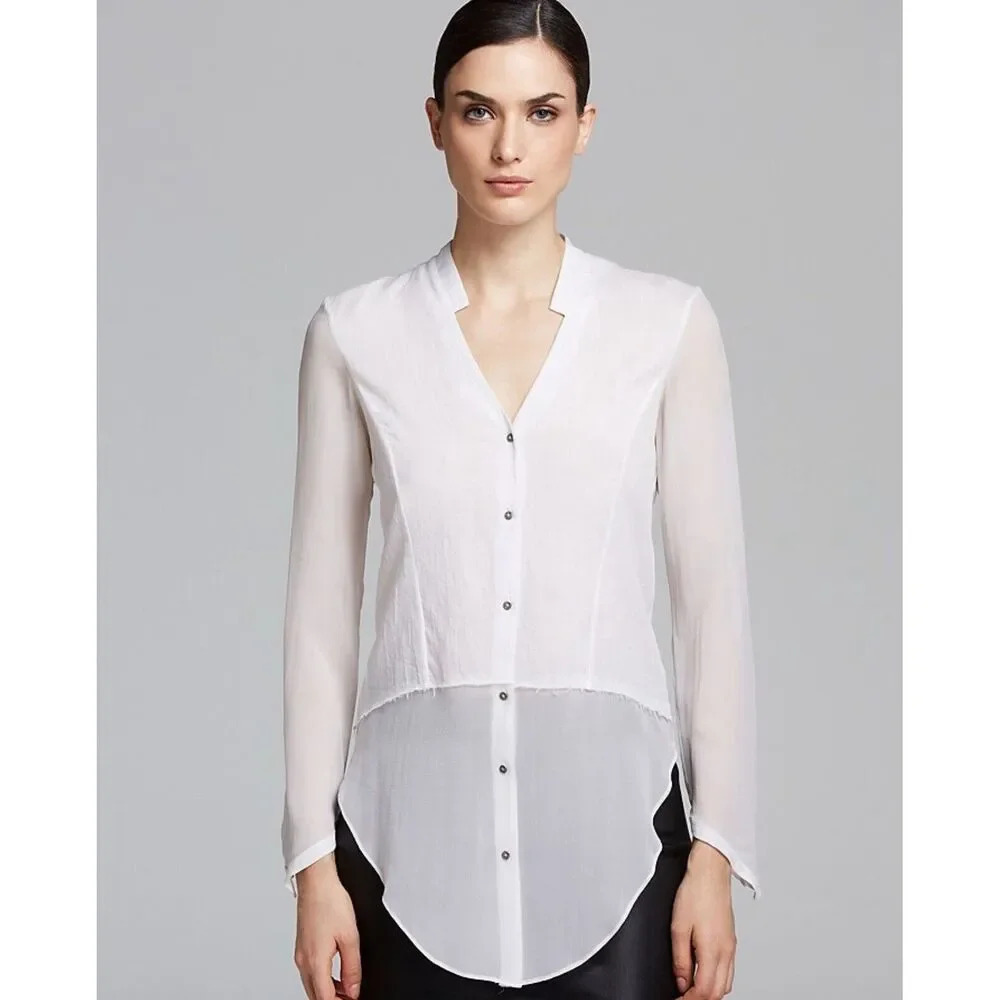 Helmut Lang Tunic Top Sheer Hem ivory White Lawn Cotton Silk Blouse Size S